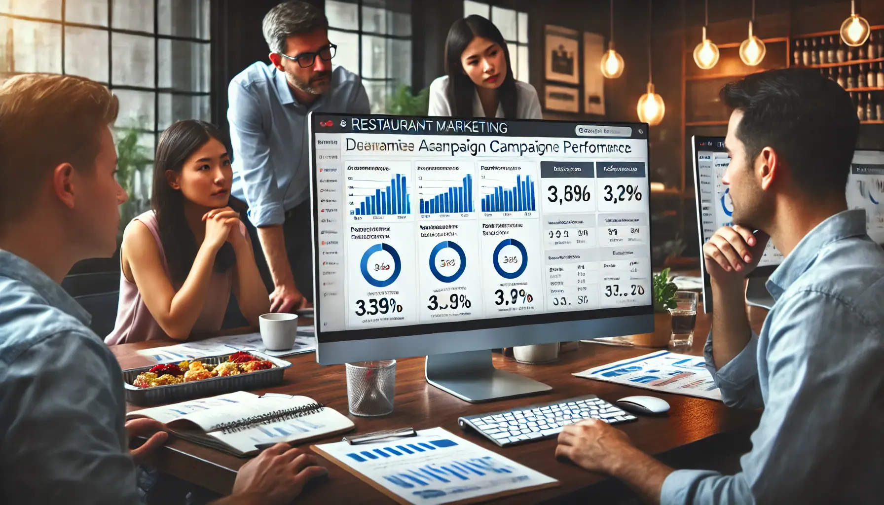 A restaurant marketing team reviewing campaign performance data on a computer screen, analyzing graphs and metrics.