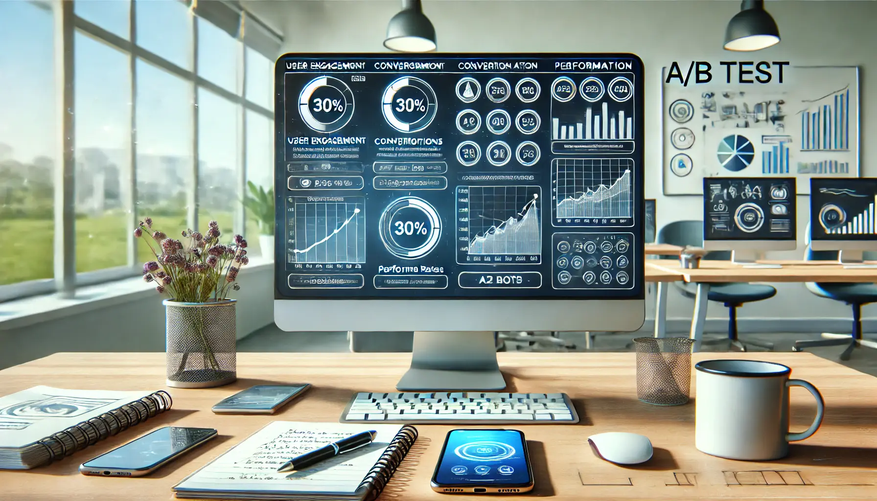 A workspace with a computer displaying the analysis and implementation of A/B test results, comparing user engagement and conversion rates.