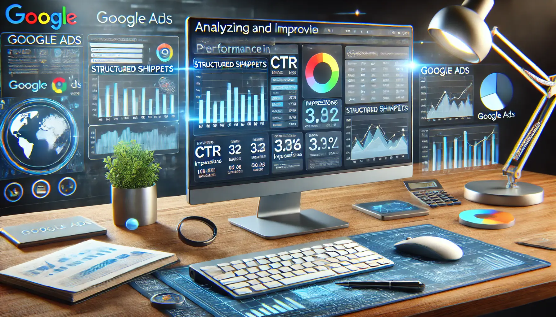 A Google Ads dashboard displaying performance metrics such as CTR, impressions, and conversion rates, with visual charts and graphs in a professional workspace.