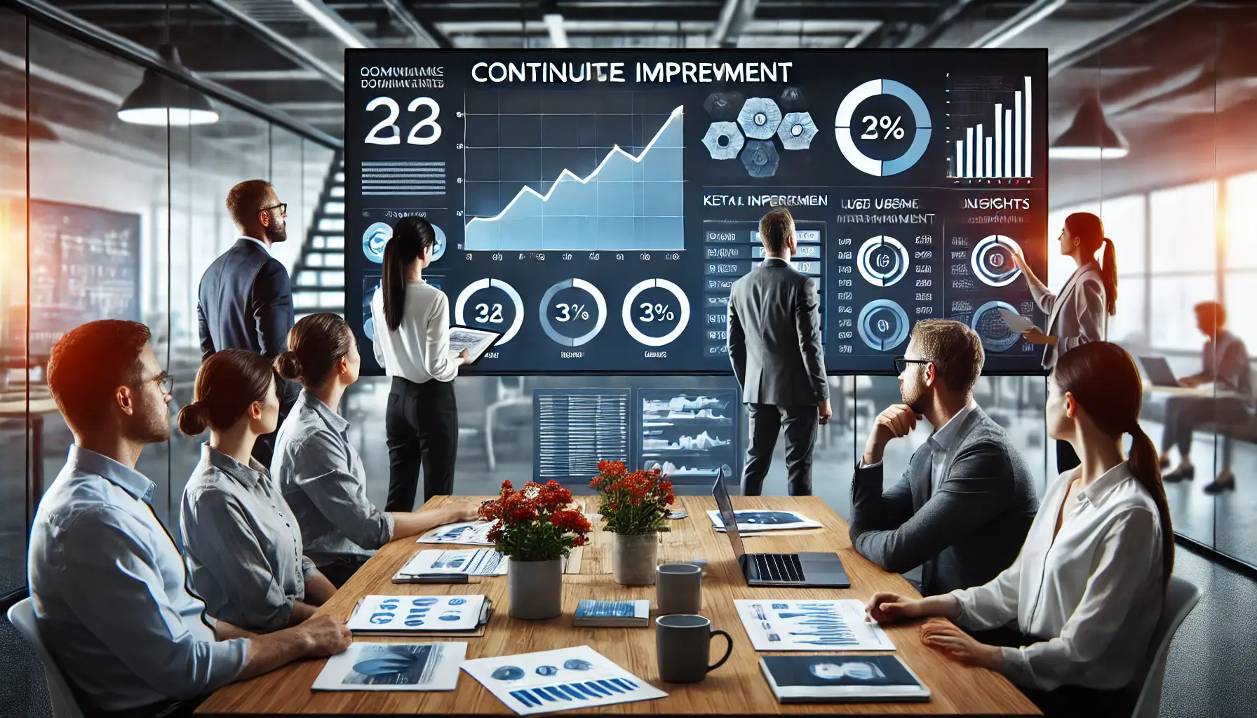 A team of marketers in a professional office setting analyzing and interpreting B2B campaign data, with graphs and performance metrics displayed on a screen.