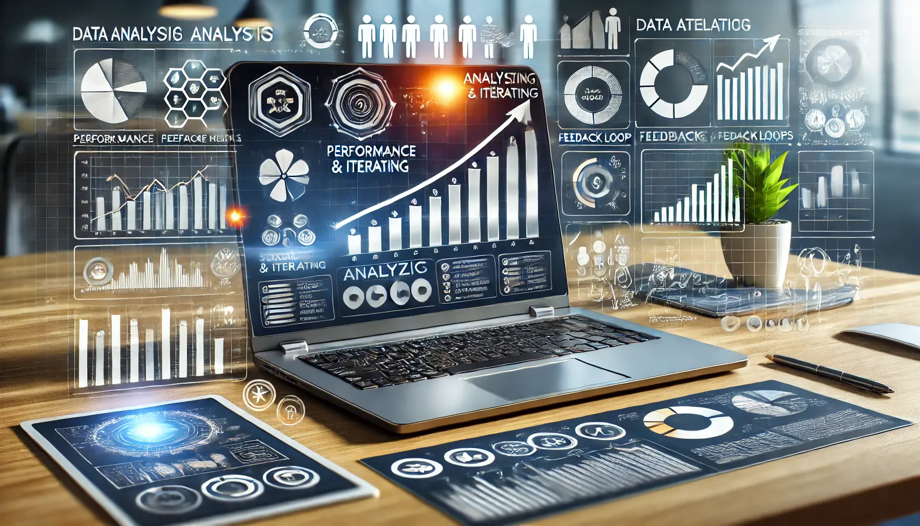 A realistic image of a laptop displaying analytics with graphs, performance metrics, and data trends showing continuous improvement.