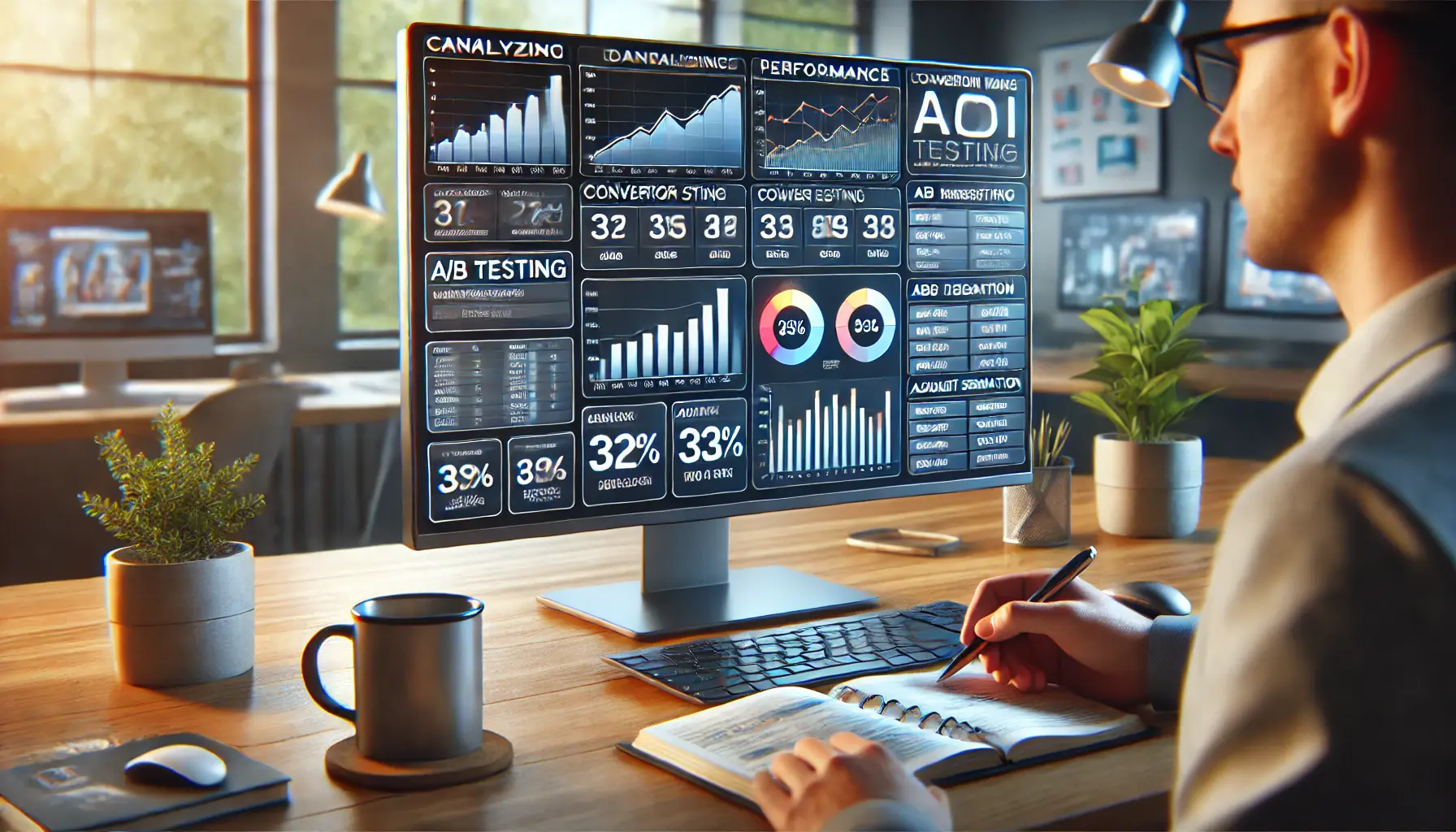 A professional workspace featuring a person analyzing campaign metrics on a large monitor with graphs, conversion rates, and audience insights, surrounded by tools for optimization.