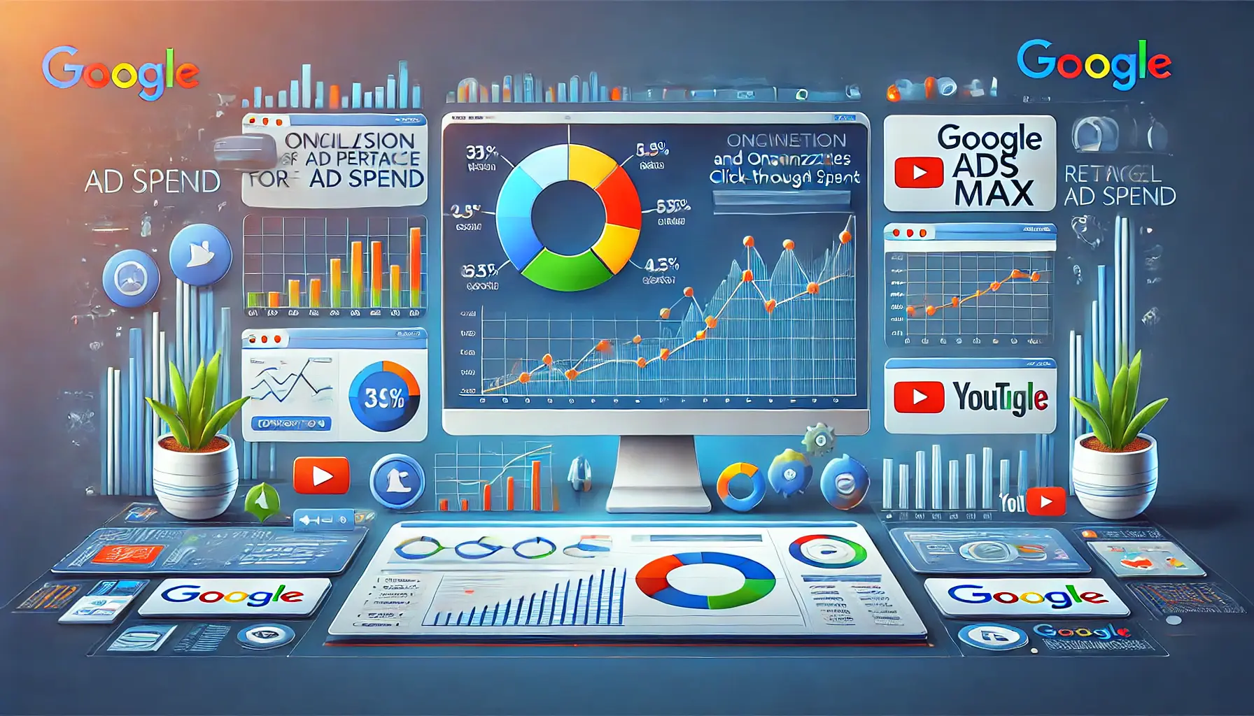 A professional illustration depicting a digital analytics dashboard with graphs and performance metrics for Google Ads Performance Max campaigns.