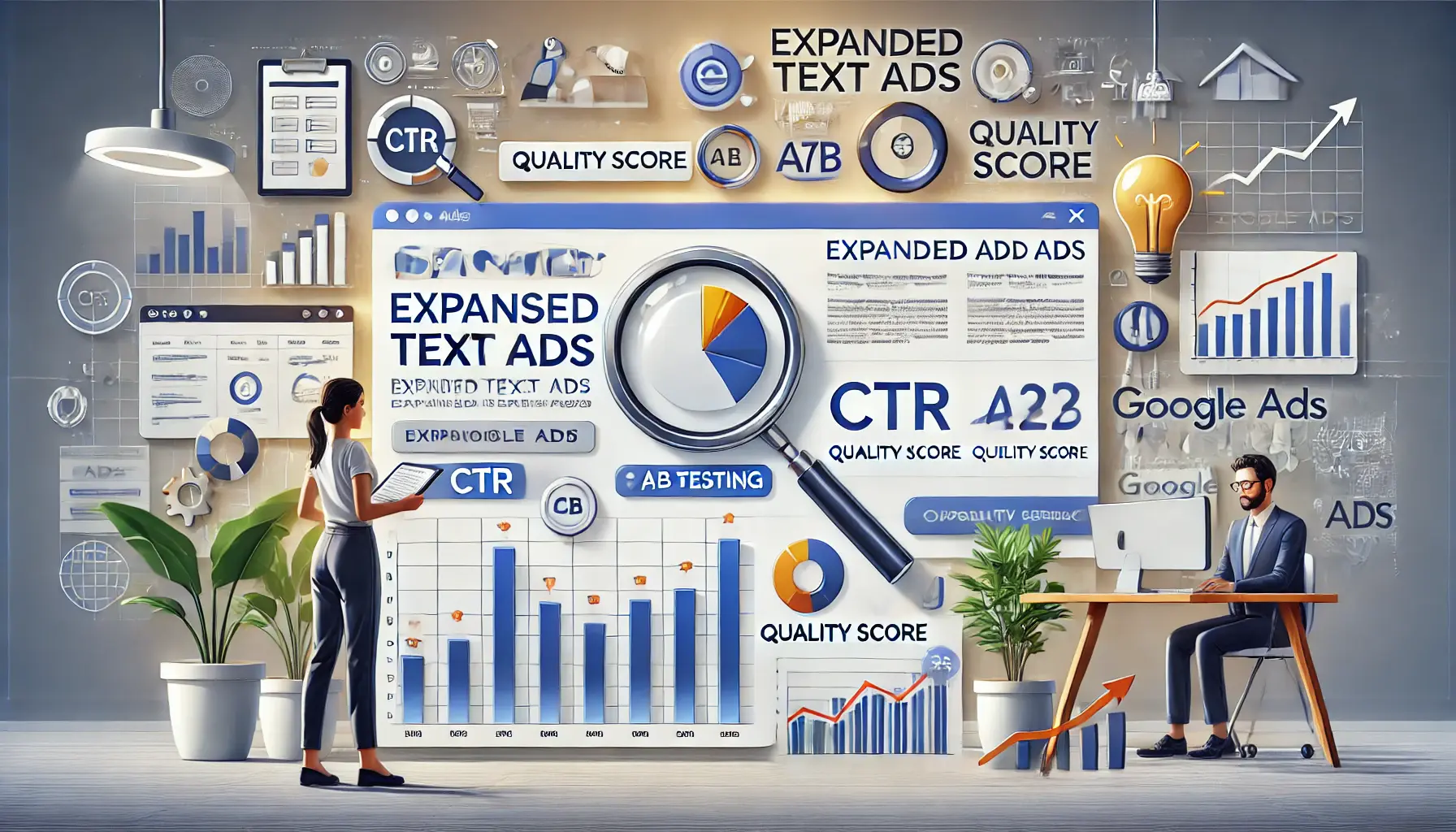 A marketer examining a detailed analytics dashboard with metrics like CTR, Quality Score, and Conversion Rates, surrounded by optimization icons.