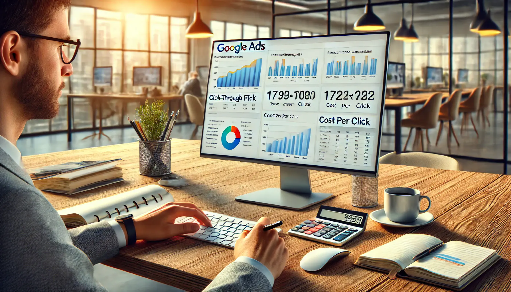 A digital marketer reviewing Google Ads performance metrics like click-through rates, cost per click, and conversions on a laptop screen, with tools like a notebook, pen, and coffee cup on the desk.