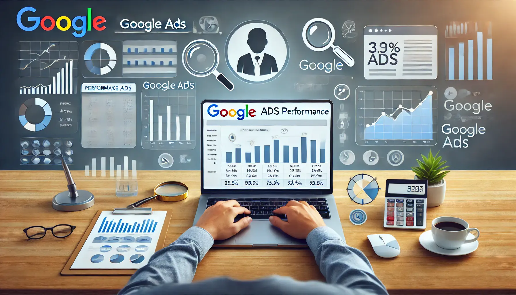 A professional sitting at a desk analyzing Google Ads performance reports on a laptop, with graphs and optimization icons around the screen.