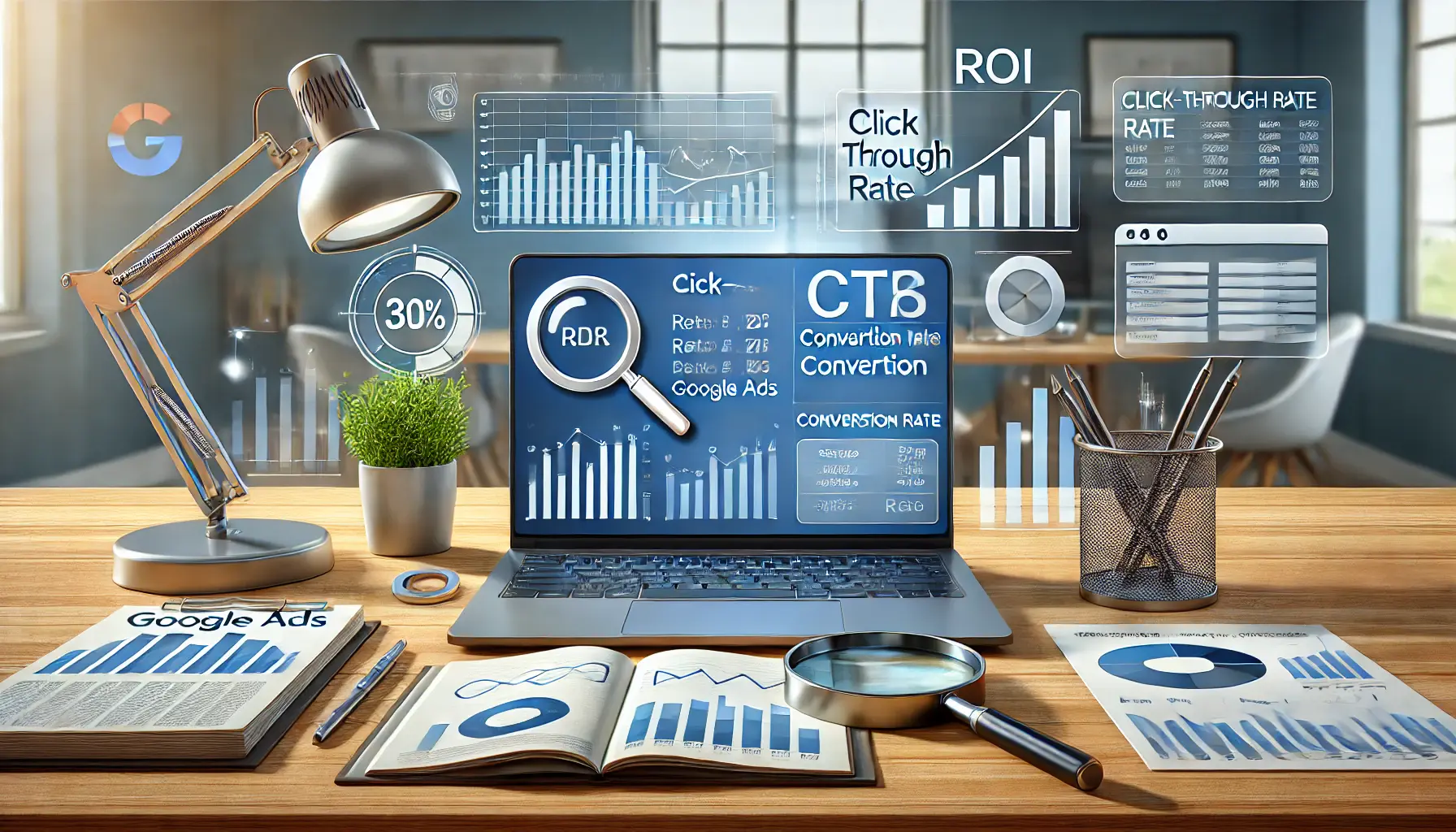 A digital workspace with a laptop displaying Google Ads performance reports, showing metrics like CTR, conversion rate, and ROI, with analysis icons around the screen.