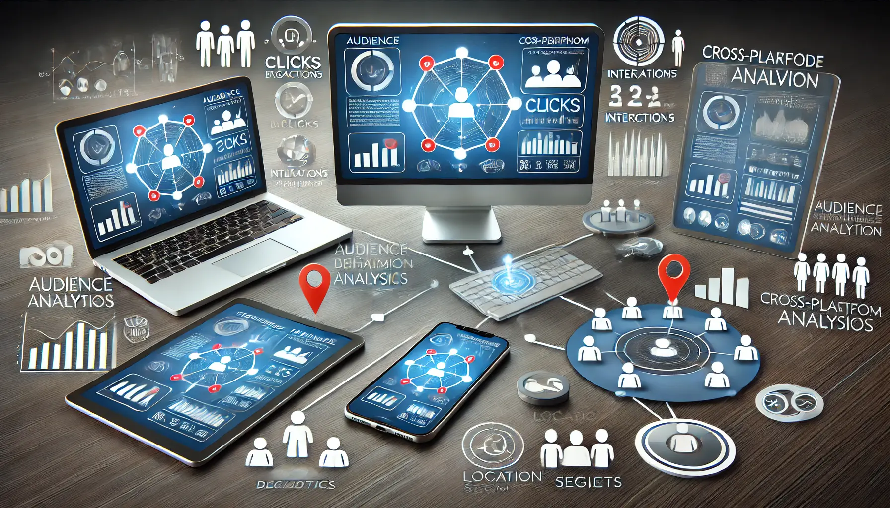 Multiple devices displaying user engagement metrics and audience behavior across different platforms, connected by arrows.