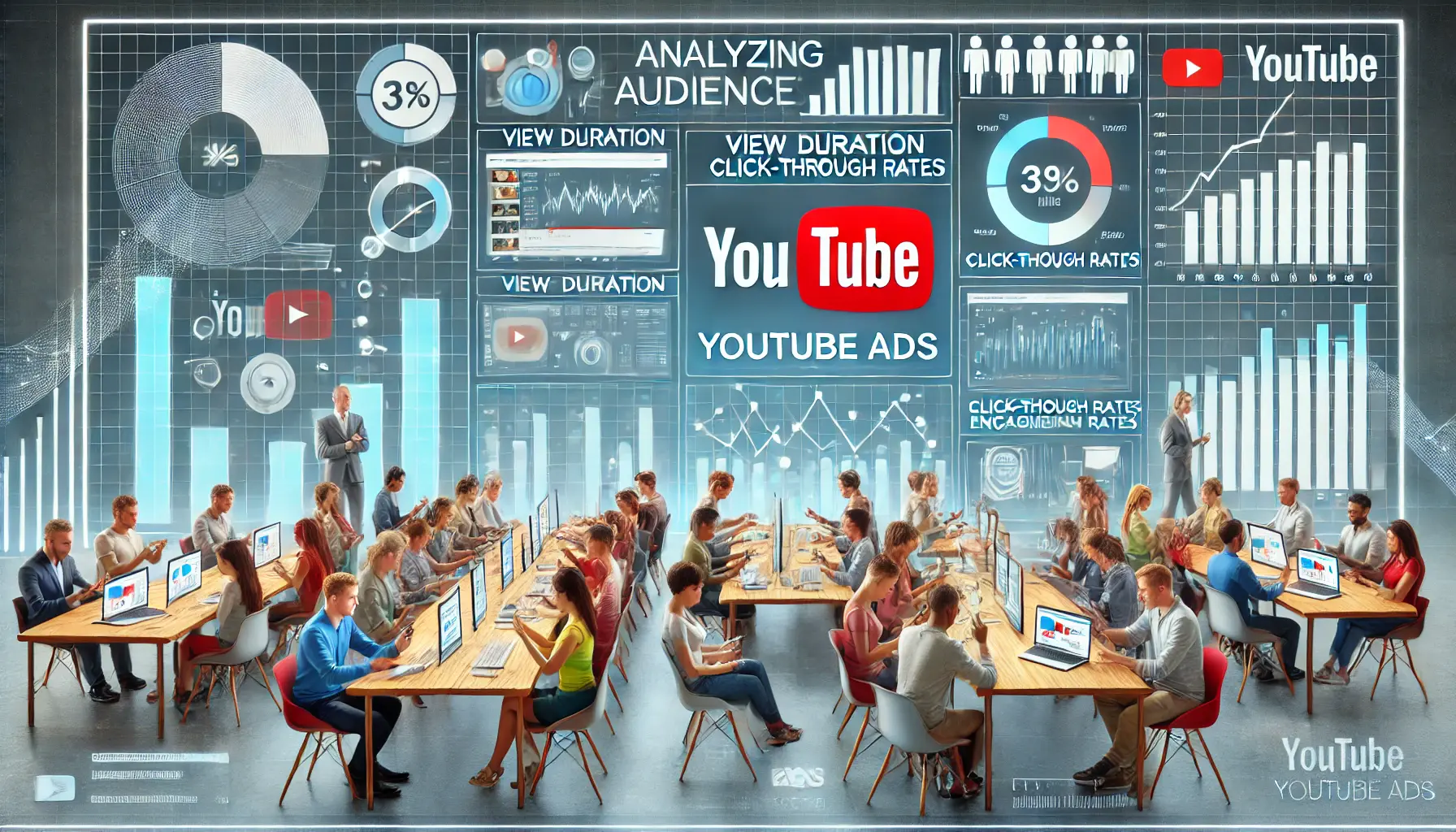 A visual representation of analyzing audience behavior and preferences for YouTube ads, featuring a digital dashboard with analytics and diverse individuals interacting with ads.