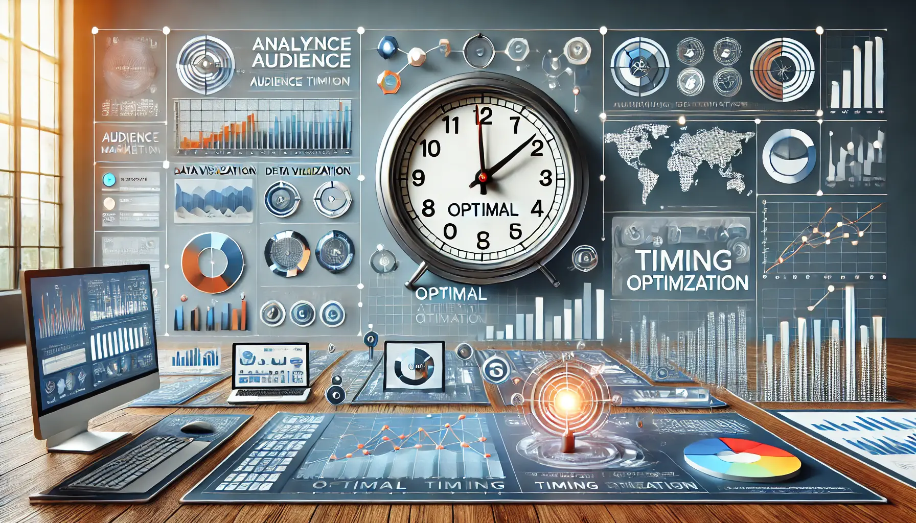 An image showcasing data visualization tools like graphs, heatmaps, and analytics dashboards with a clock, symbolizing audience behavior analysis for optimal timing.