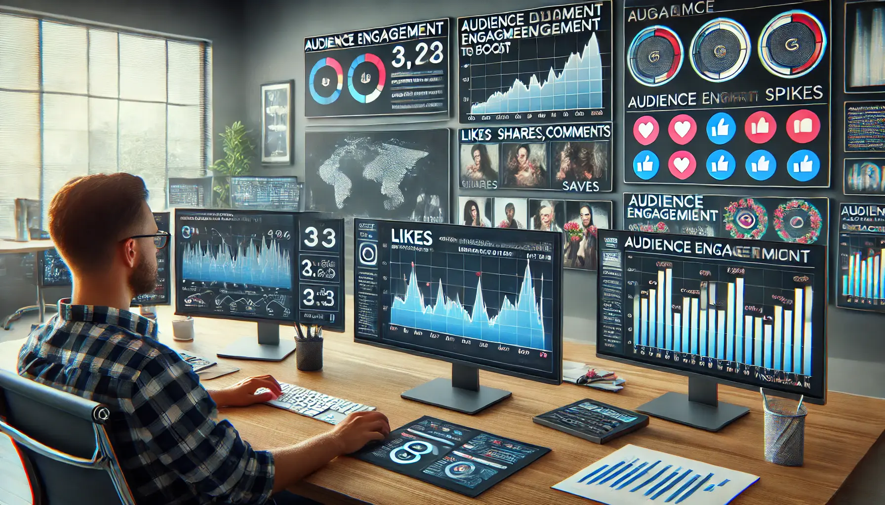 A digital marketing workspace with a team analyzing multiple monitors showing data on likes, shares, comments, and audience interaction trends over time.