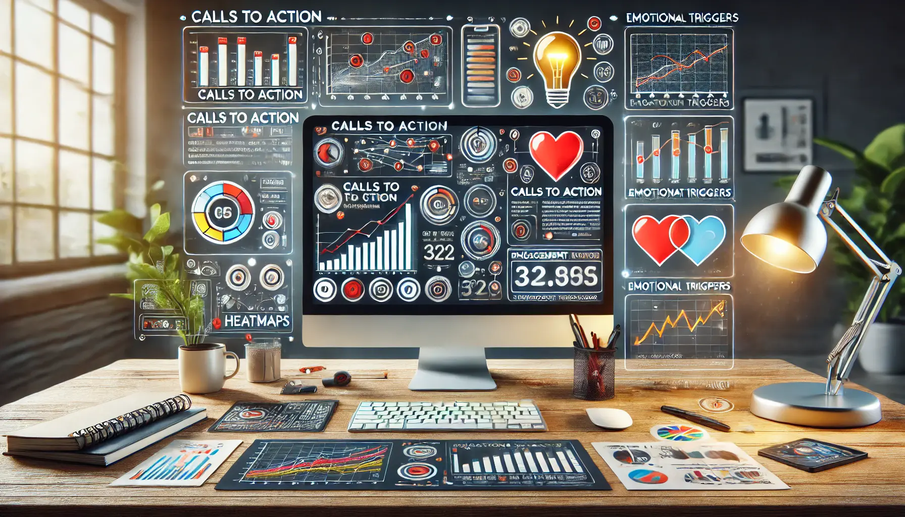 A professional workspace showcasing a computer screen with examples of CTAs and engagement data like charts and heatmaps, surrounded by symbols of creativity and emotional triggers.