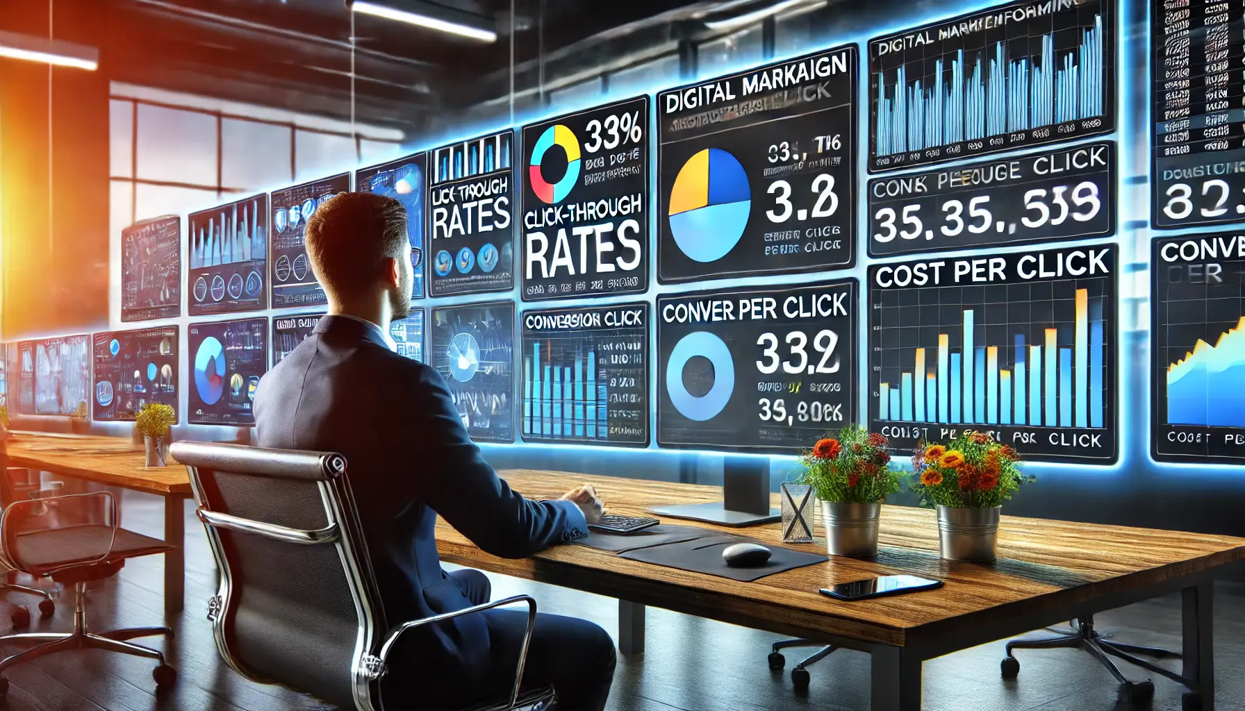 A digital marketing professional analyzing campaign performance on multiple screens showing detailed metrics like CTR, conversion rate, and cost per click.