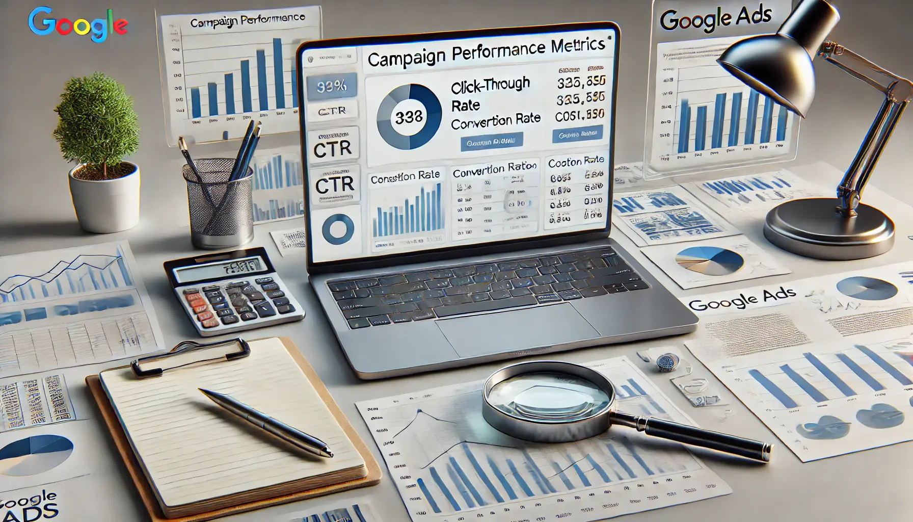 A laptop displaying campaign performance metrics on a Google Ads dashboard, surrounded by tools like a notepad, calculator, and magnifying glass.