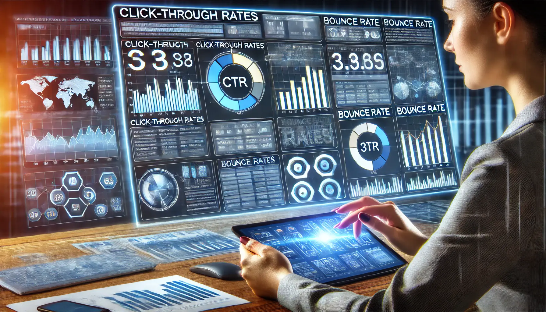 Image showing a marketer analyzing a dashboard with graphs and charts displaying click-through rates (CTR) and bounce rates across multiple devices.