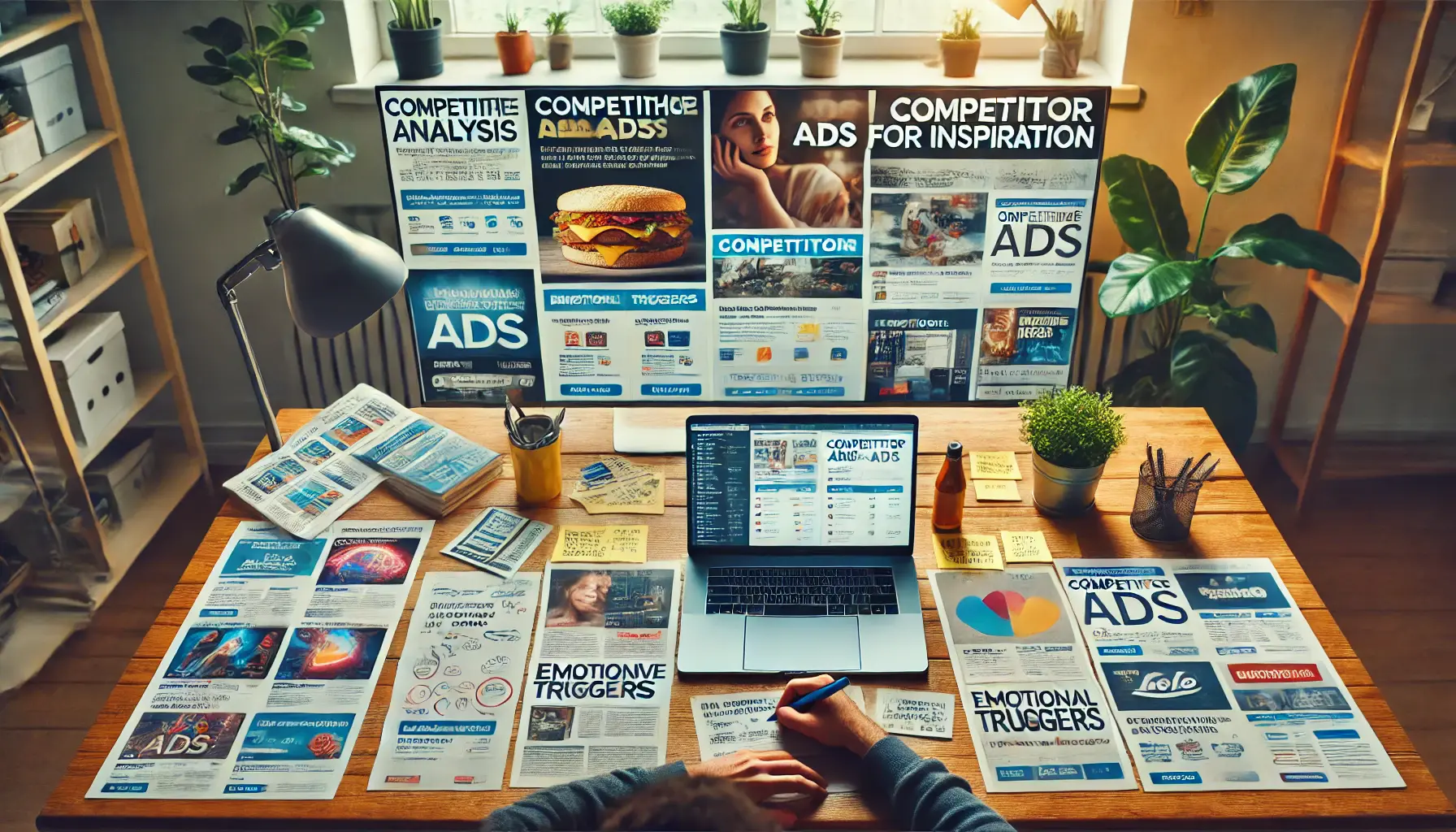 A workspace with a laptop displaying competitor ads, with printed ads and notes spread out, reflecting the process of competitive analysis.