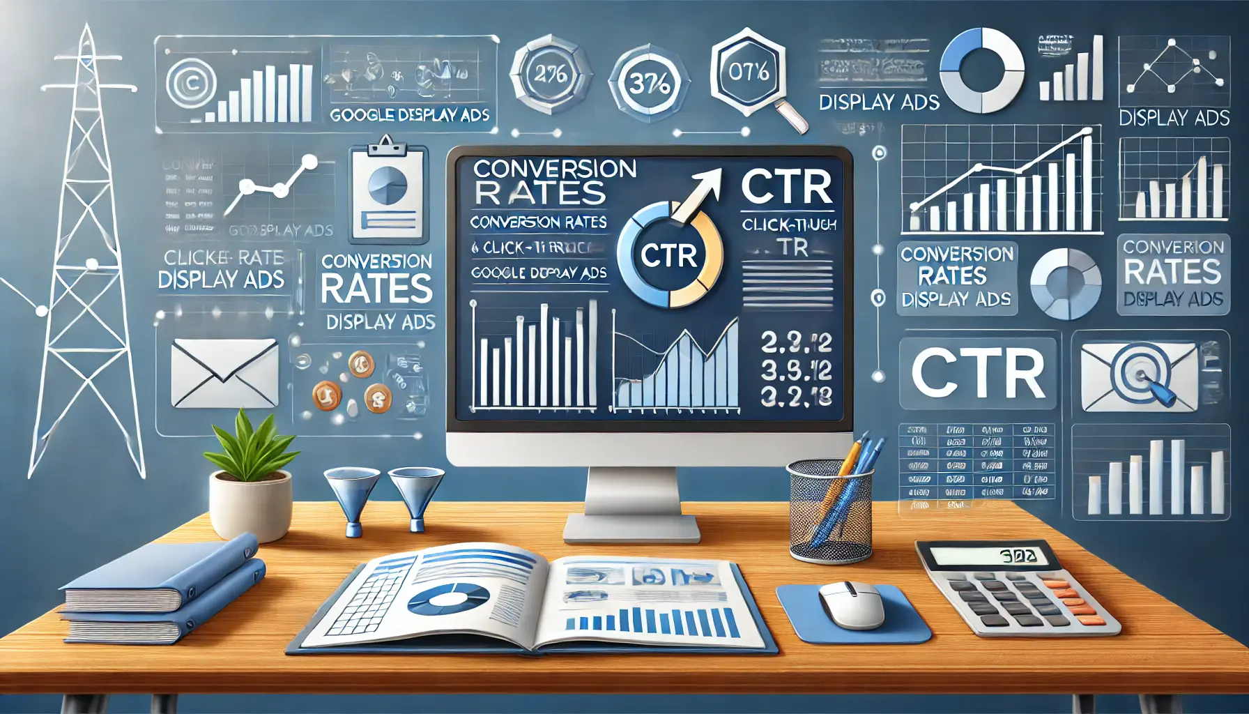 A professional workspace with a computer displaying an analytics dashboard with graphs and charts focused on conversion rates and click-through rates (CTR), surrounded by key metrics icons.