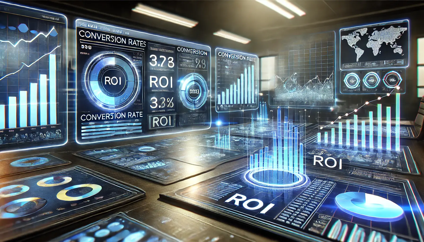 Illustration of analyzing conversion rates and ROI with performance charts, ROI graphs, and advanced dashboards in a futuristic workspace.