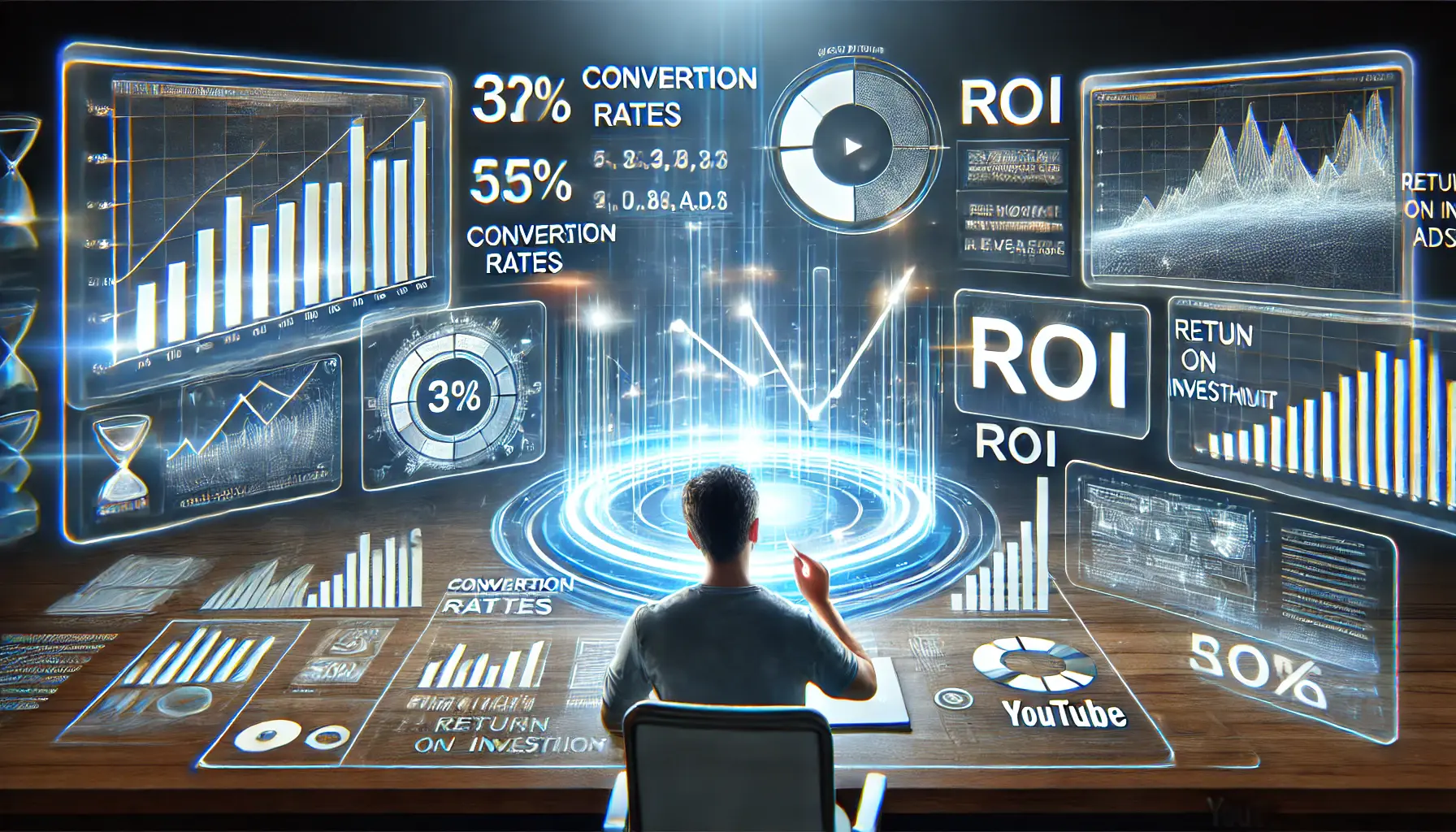 A digital analytics dashboard displaying graphs of conversion rates and ROI, with a person examining the data on a laptop or tablet.