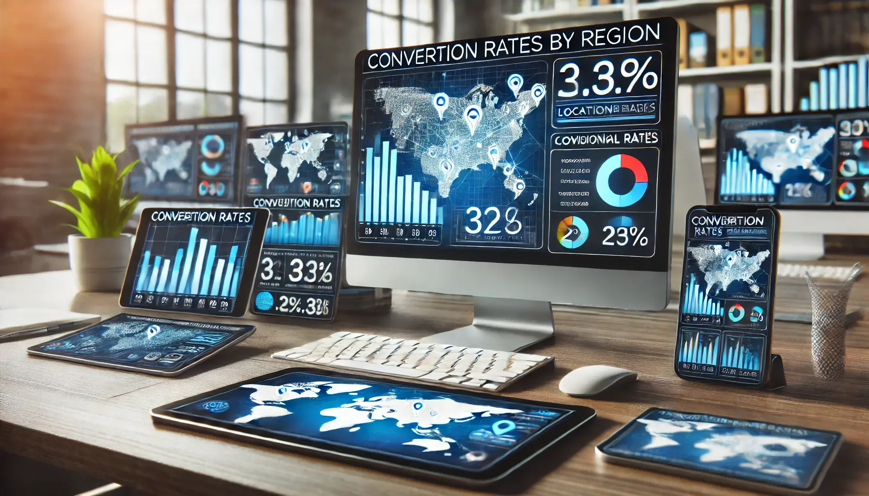 A computer screen displaying a dashboard with conversion rate graphs and a map showing regional performance of location-based ads.