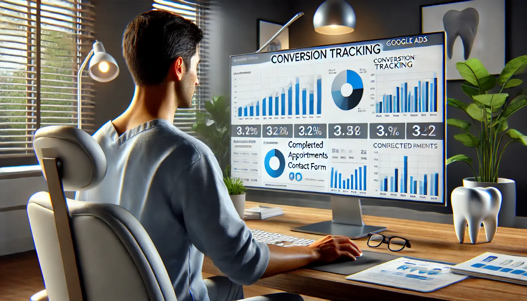 A dentist reviewing conversion tracking data on a computer screen in a modern dental office.