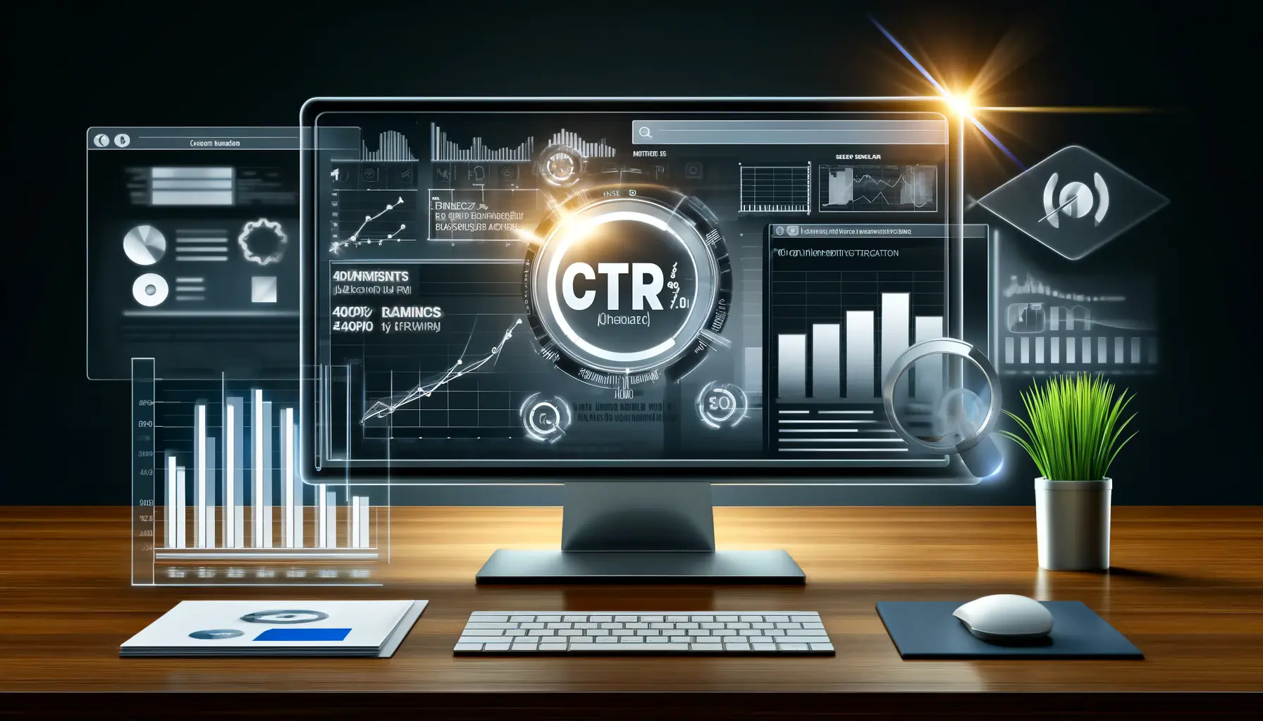 An illustration showing the analysis of CTR metrics for campaign optimization with graphs, charts, and performance data displayed on a computer screen.