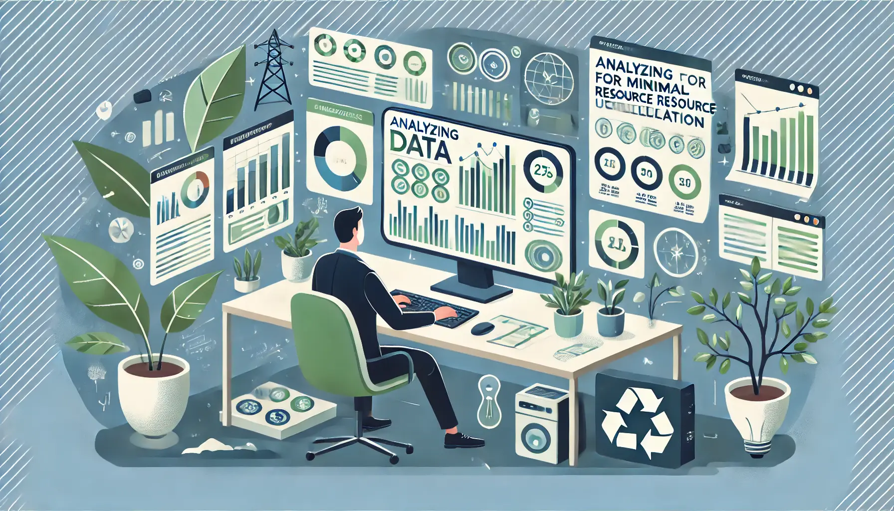 Illustration of a digital marketer analyzing data on a computer screen, with eco-friendly elements like plants and energy-efficient devices.