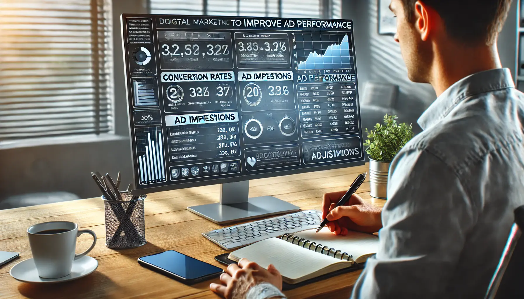 A digital marketer analyzing ad performance data on a large screen, showing metrics such as conversion rates, impressions, and engagement.