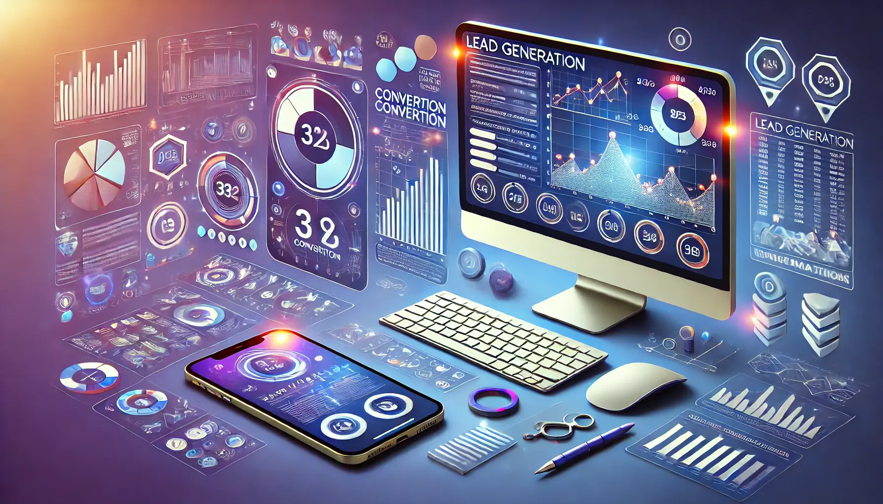 An image showing data analysis for lead generation, with devices displaying performance metrics, graphs, and conversion rates.