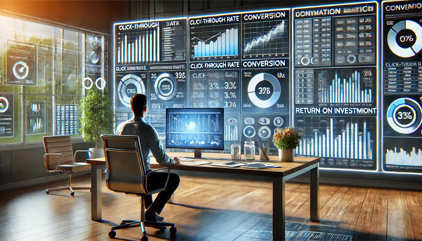 A marketer analyzing data on a digital screen, with graphs, charts, and performance metrics like CTR, conversion rate, and ROI.