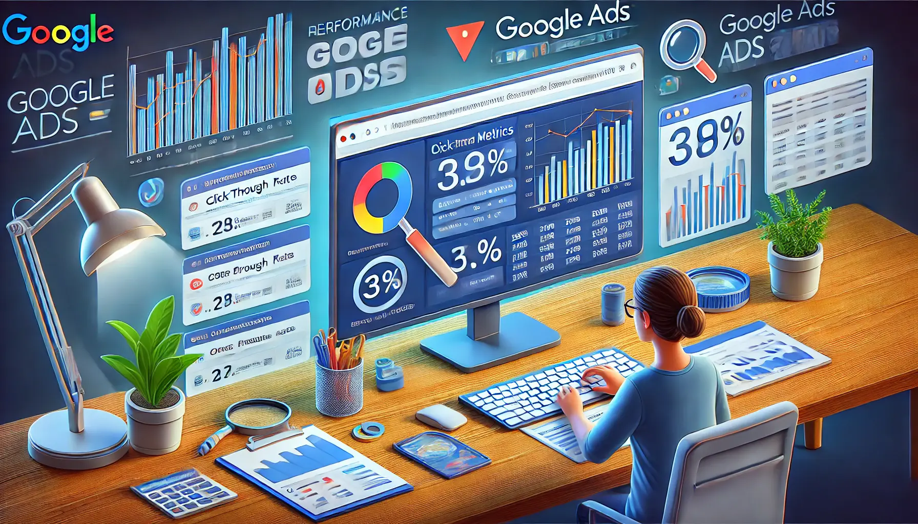 A digital marketer analyzing campaign data on a computer, with performance graphs and metrics like click-through rates and conversion rates.