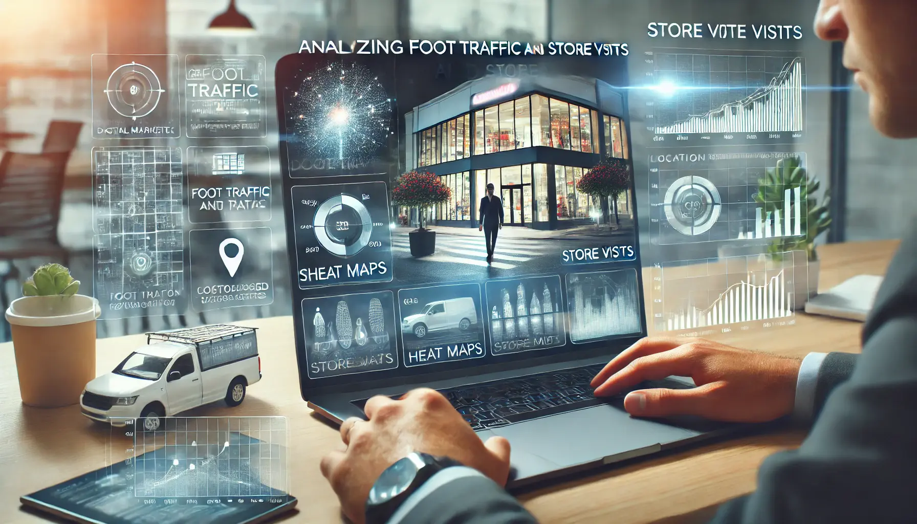 A digital marketer reviewing a dashboard with foot traffic data, store visit metrics, and heat maps on a computer screen.