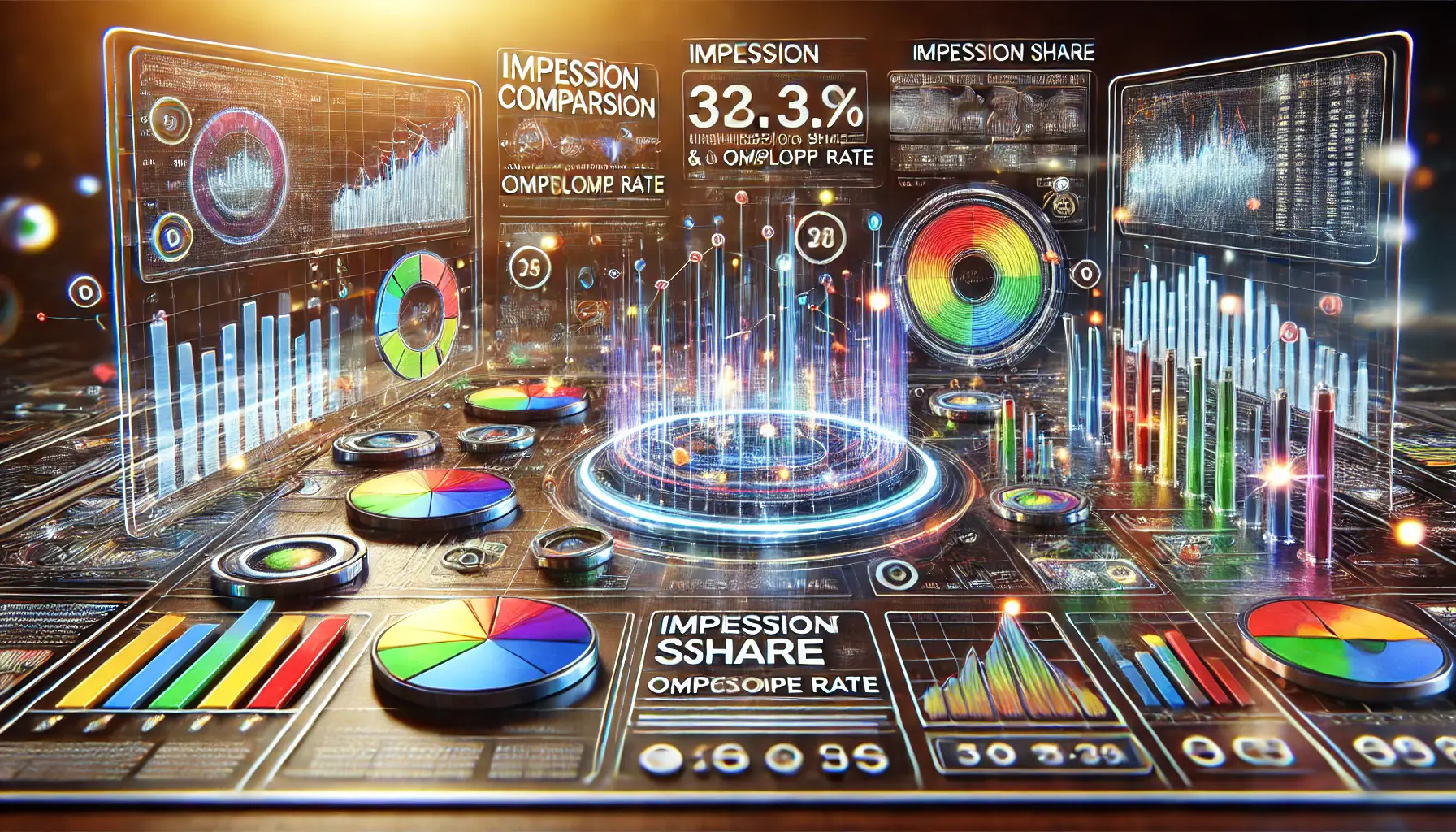 A high-tech dashboard displaying colorful charts and interconnected data points for impression share and overlap rate analysis.