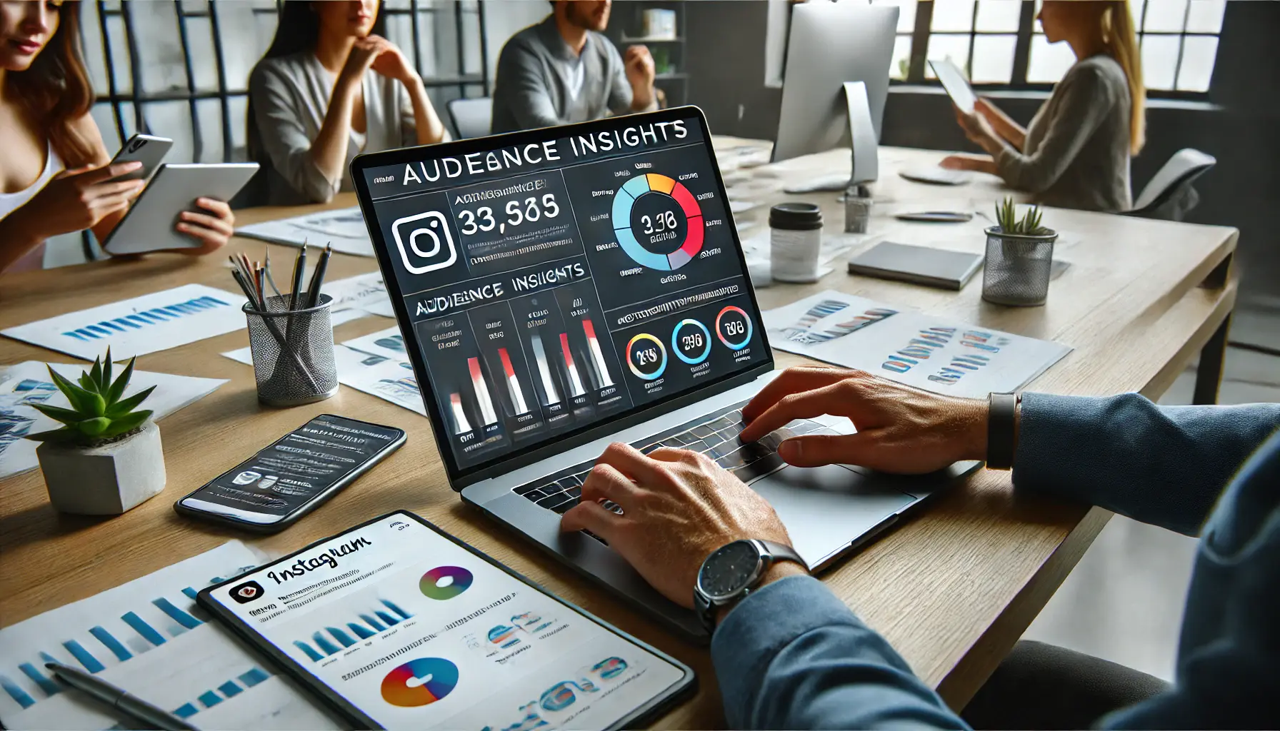 A digital marketing professional analyzing Instagram's Audience Insights Tool on a laptop screen, with data on demographics, activity patterns, and engagement metrics.