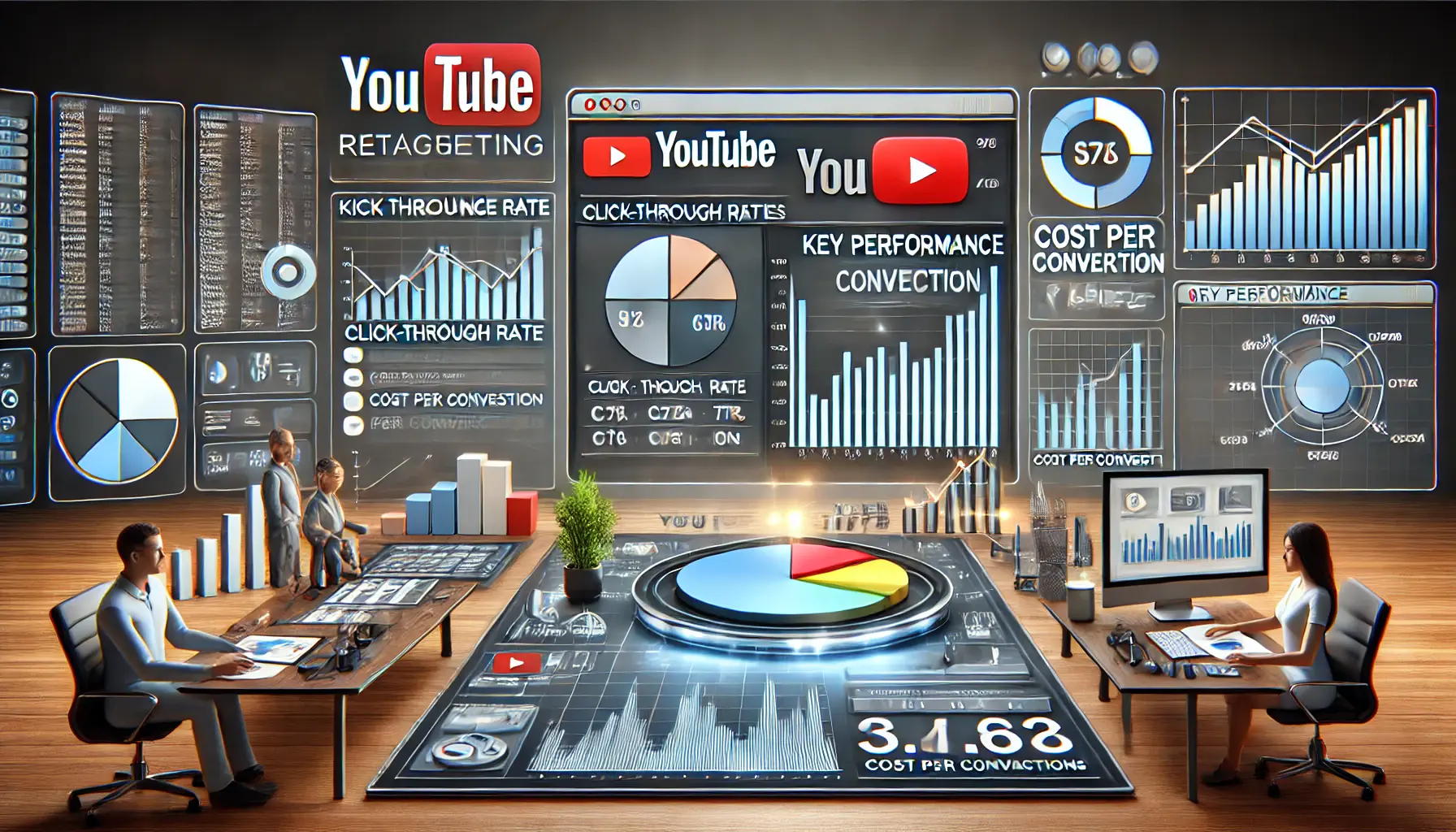 An image showcasing the analysis of key performance metrics for YouTube retargeting campaigns, featuring a modern dashboard with graphs and performance indicators.