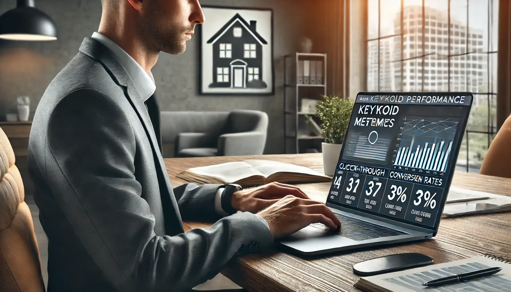 A real estate agent analyzing keyword performance metrics on a laptop in a modern office setting.