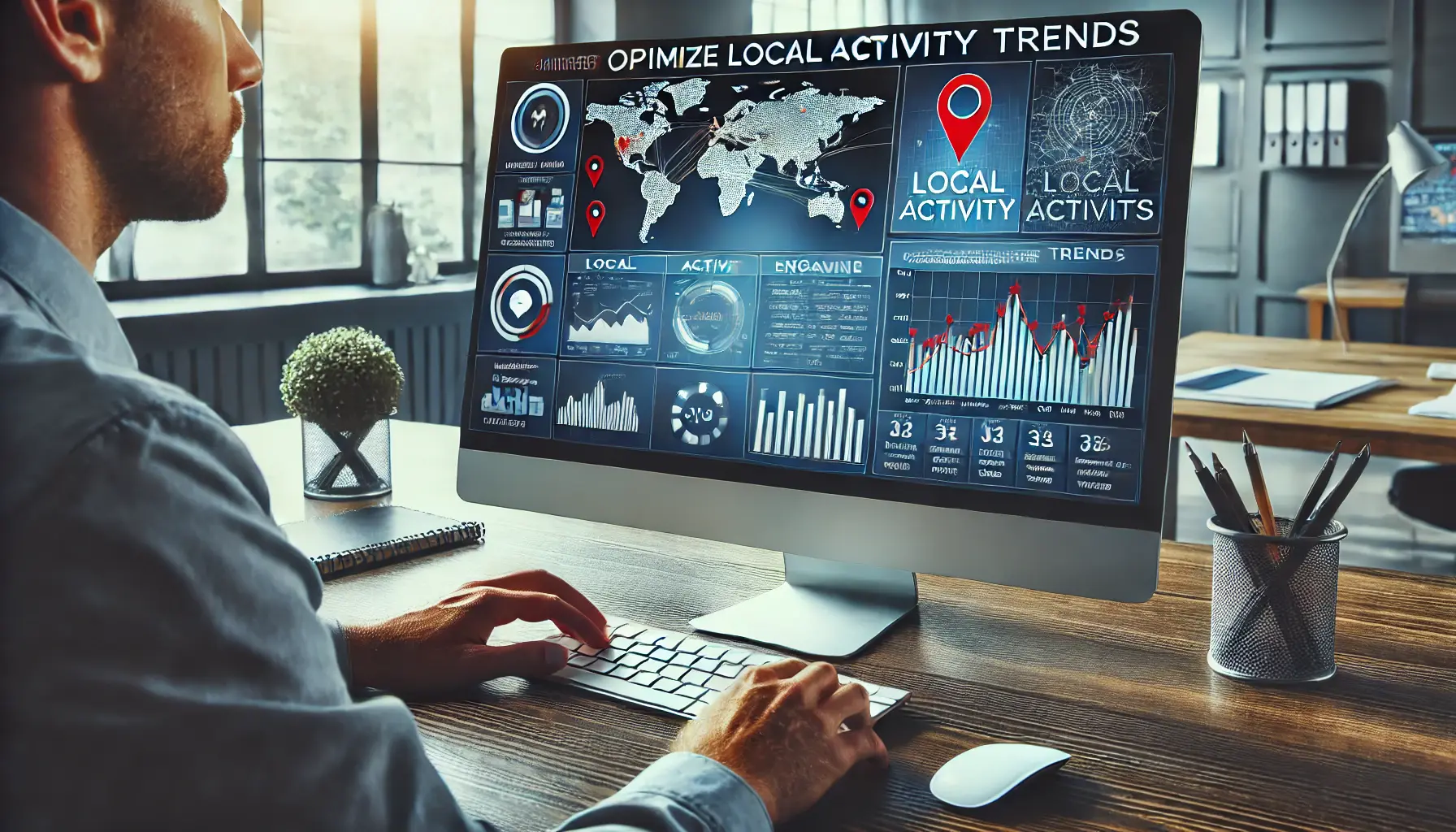 A digital marketer analyzing local activity trends using data visualization tools on a computer screen, displaying charts, graphs, and maps.