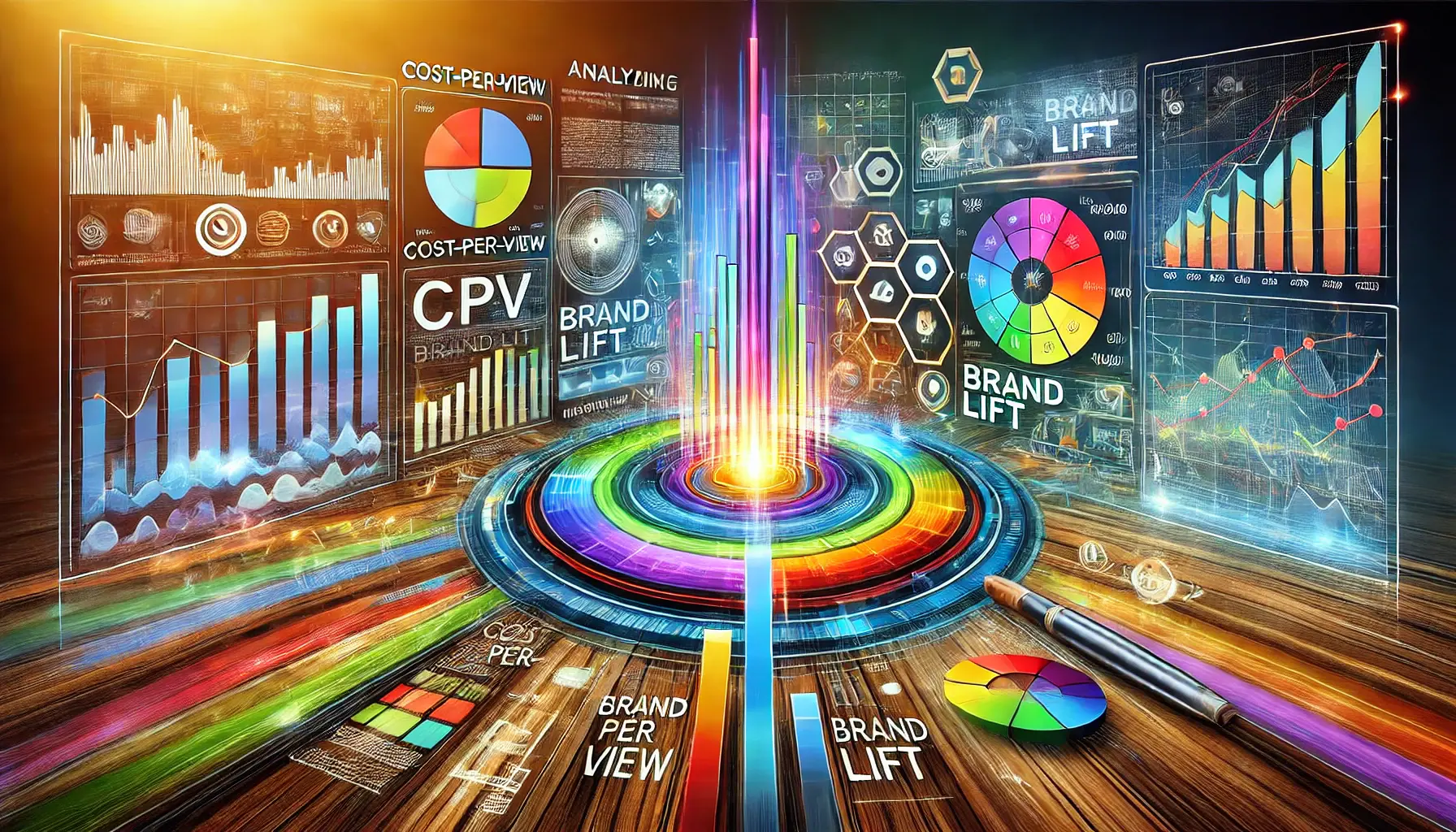 Abstract representation of analyzing digital advertising metrics like Cost-Per-View and Brand Lift, with data graphs and performance analysis.