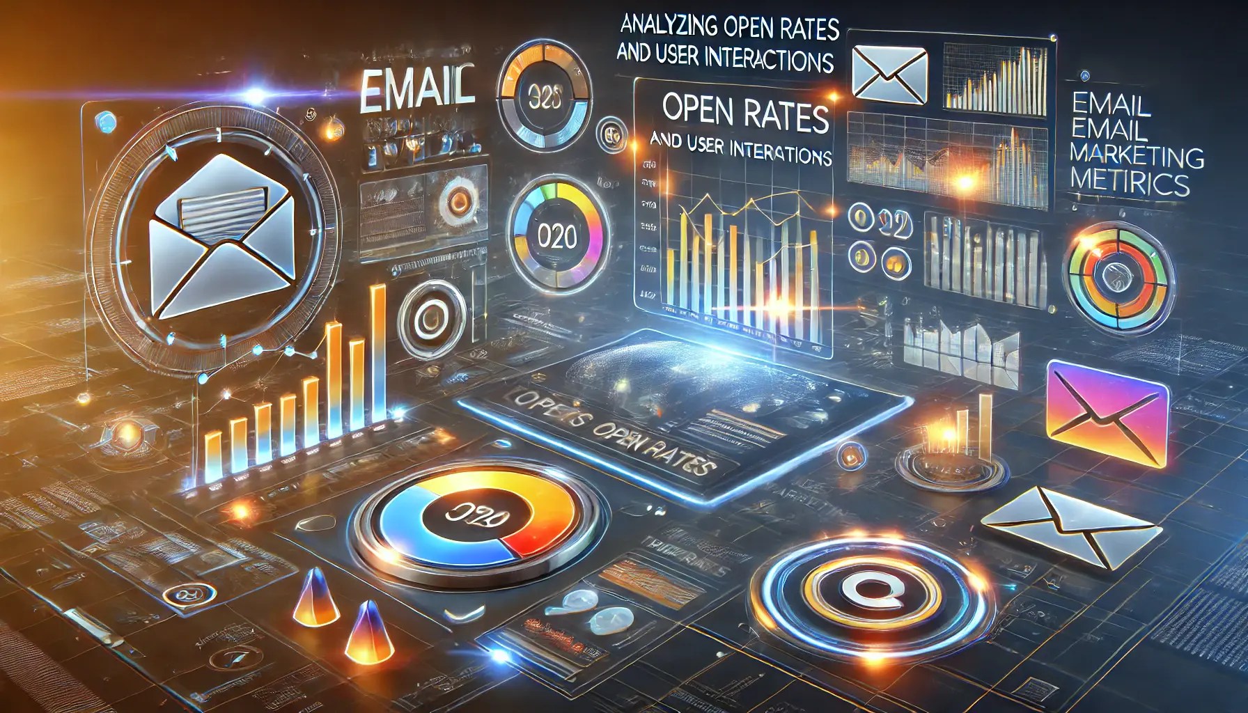 A sleek dashboard displaying email marketing metrics such as open rates, user clicks, and interactions with dynamic data visualizations.