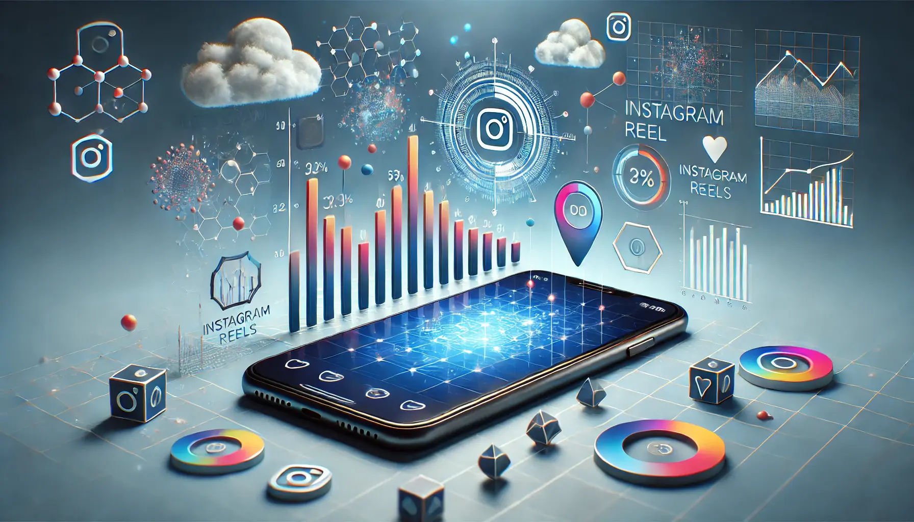 An image showing a smartphone displaying an Instagram Reel with floating graphs, bar charts, and progress indicators symbolizing performance analysis.