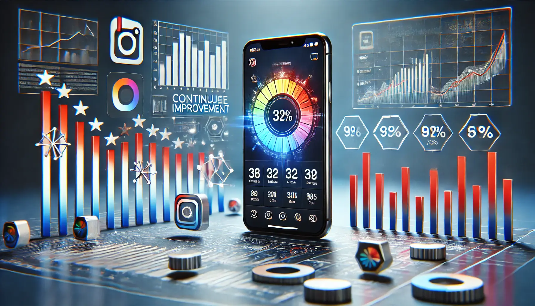 An image showing a smartphone displaying an Instagram Reel, surrounded by bar charts, graphs, and progress indicators symbolizing performance analysis.