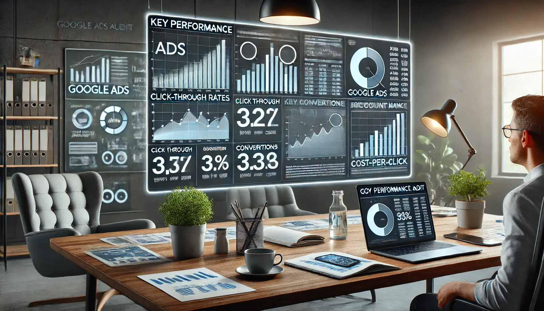 A digital marketer analyzing performance metrics like click-through rates and conversion rates on a large screen in a modern workspace.