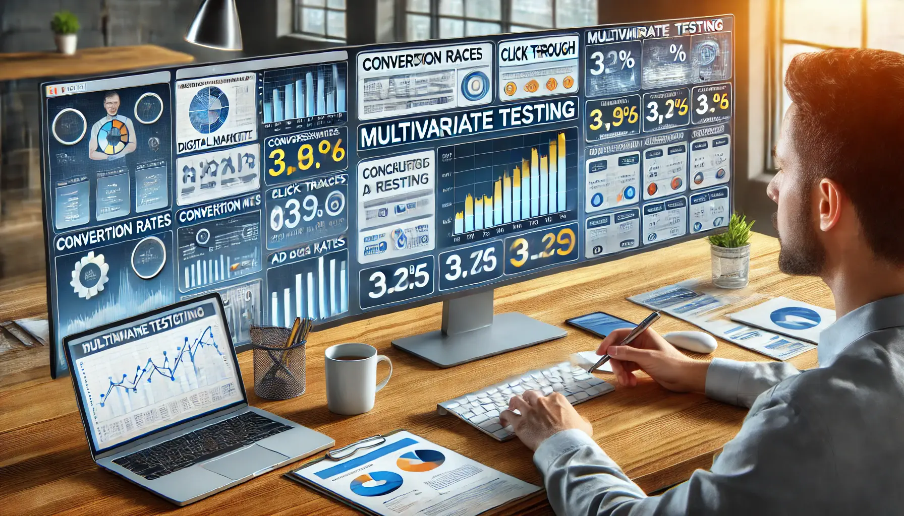 A digital marketer reviewing performance data and comparing different ad combinations on multiple screens in a modern office.