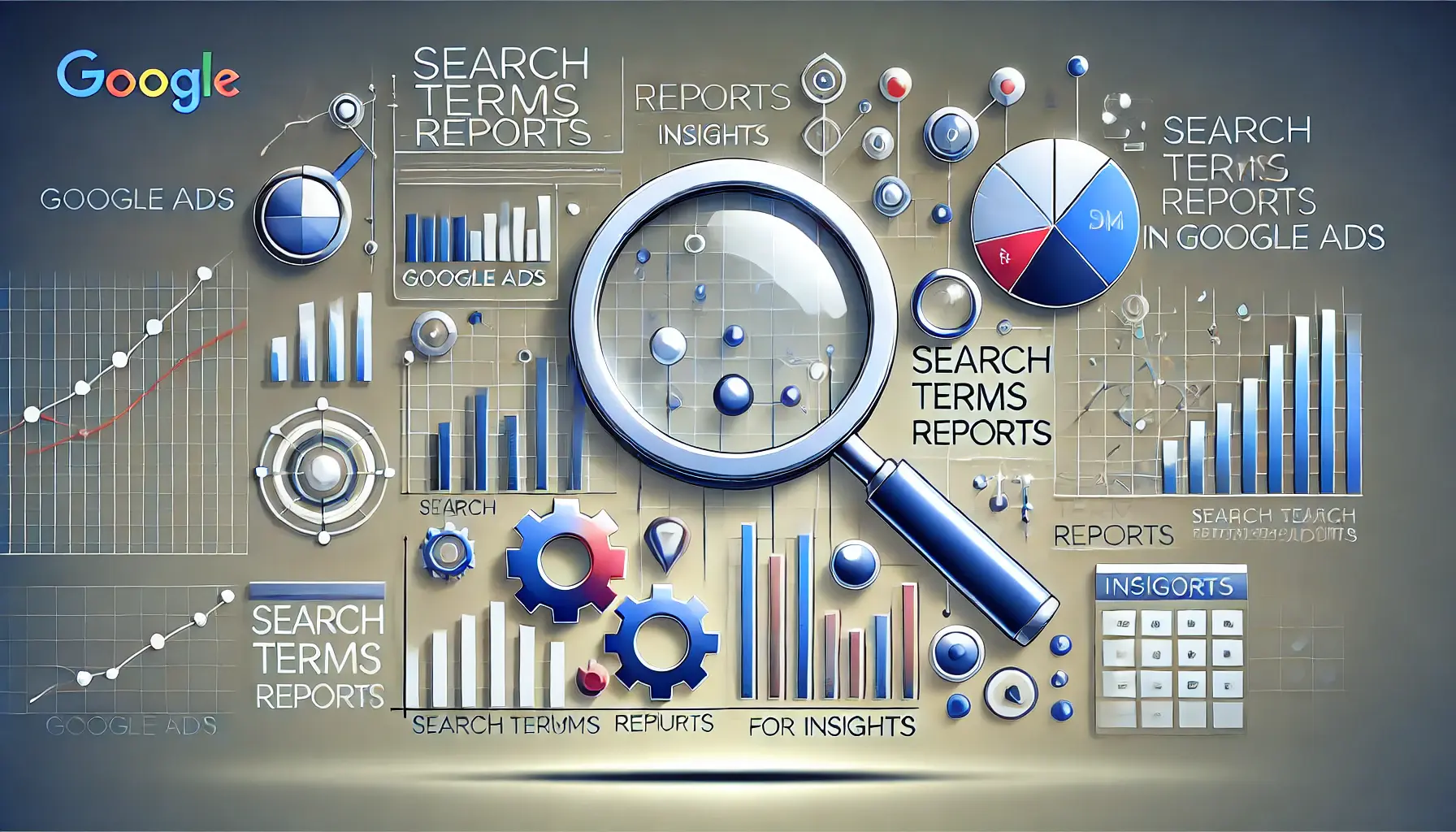 Abstract representation of analyzing search terms reports for insights in Google Ads, featuring search icons, graphs, and data points.