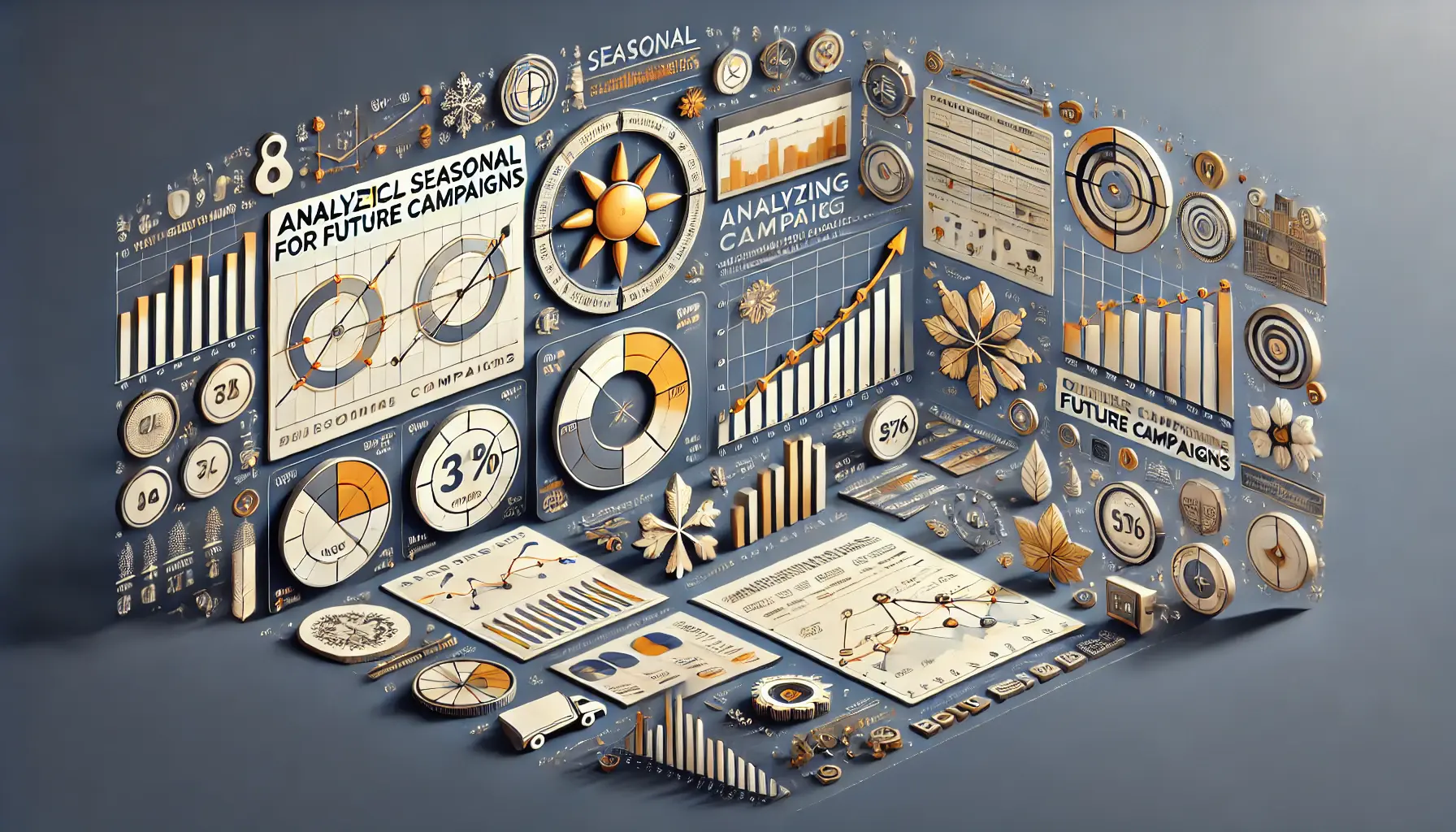 An image featuring data charts and seasonal symbols like snowflakes, sun, and leaves, with arrows showing the analysis of seasonal data for future campaign optimization.