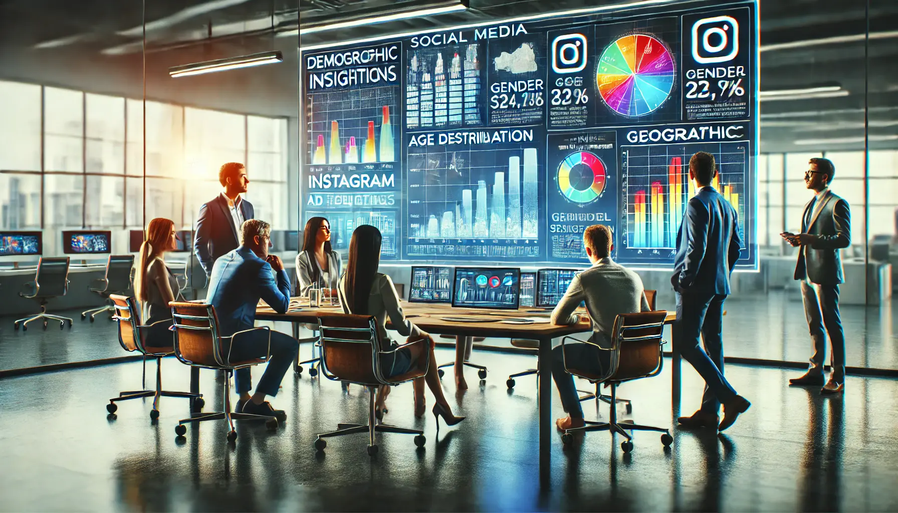 A modern office setting with marketing professionals analyzing a large digital screen displaying colorful demographic charts and graphs, showing age distribution, gender segmentation, and geographic heat maps.