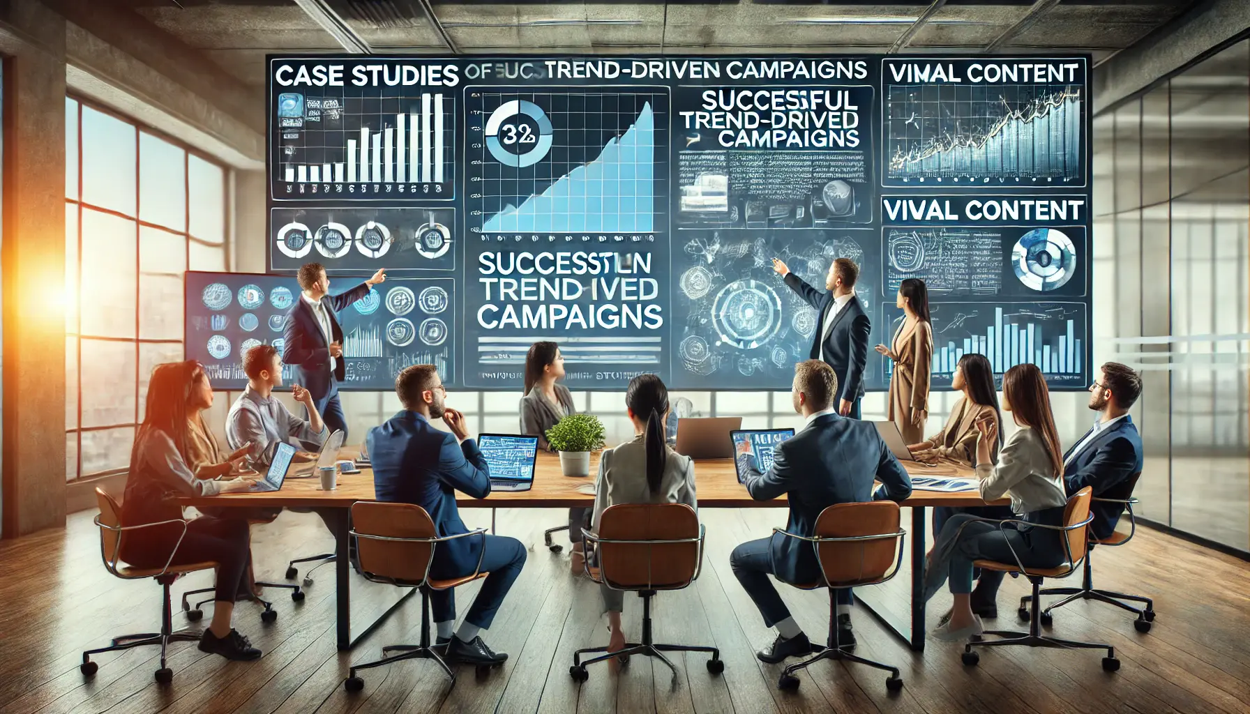 A professional marketing team in a modern workspace analyzing campaign performance metrics, engagement graphs, and viral content examples on large digital screens.