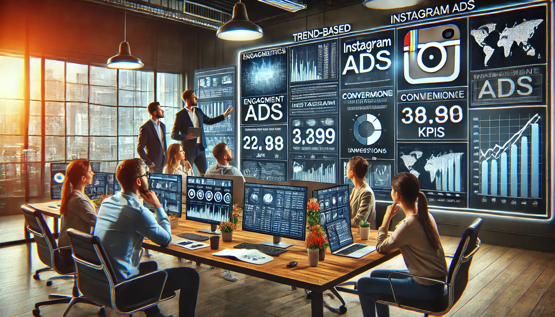 A digital marketing team analyzing engagement metrics, conversion rates, and performance graphs to measure the effectiveness of trend-based Instagram ads.