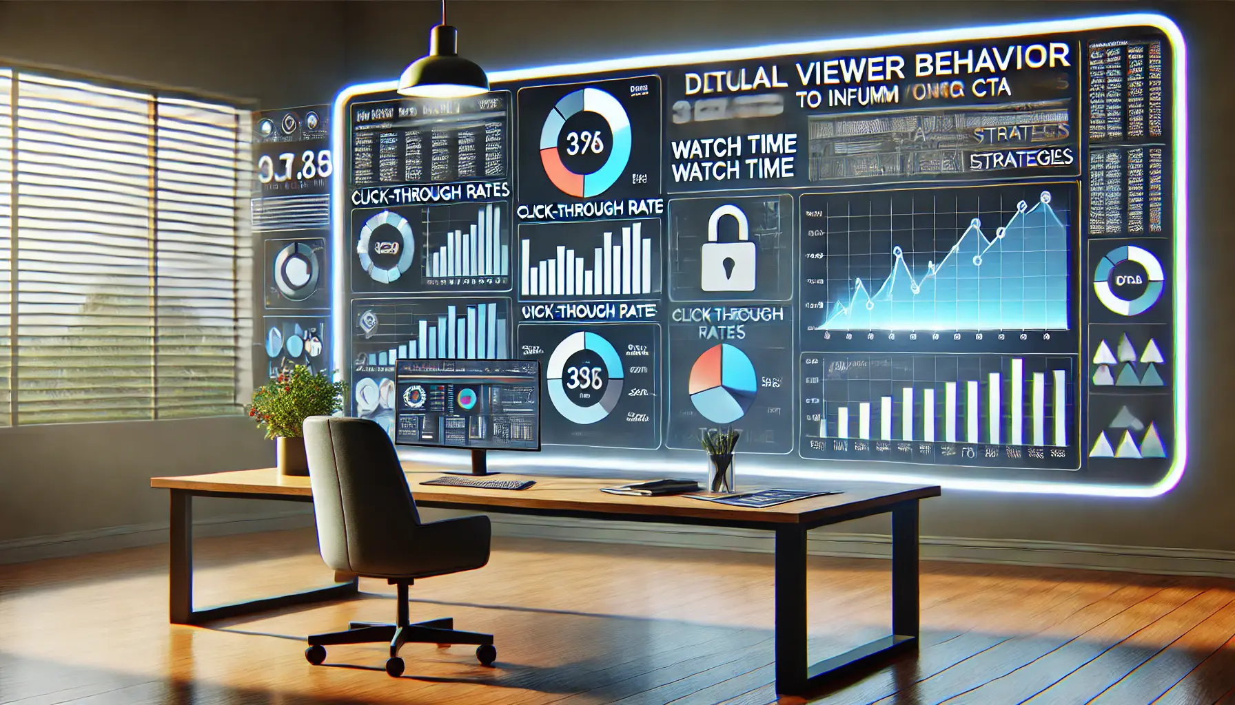 A modern workspace with a large screen displaying viewer behavior analytics, including metrics like click-through rates and engagement.