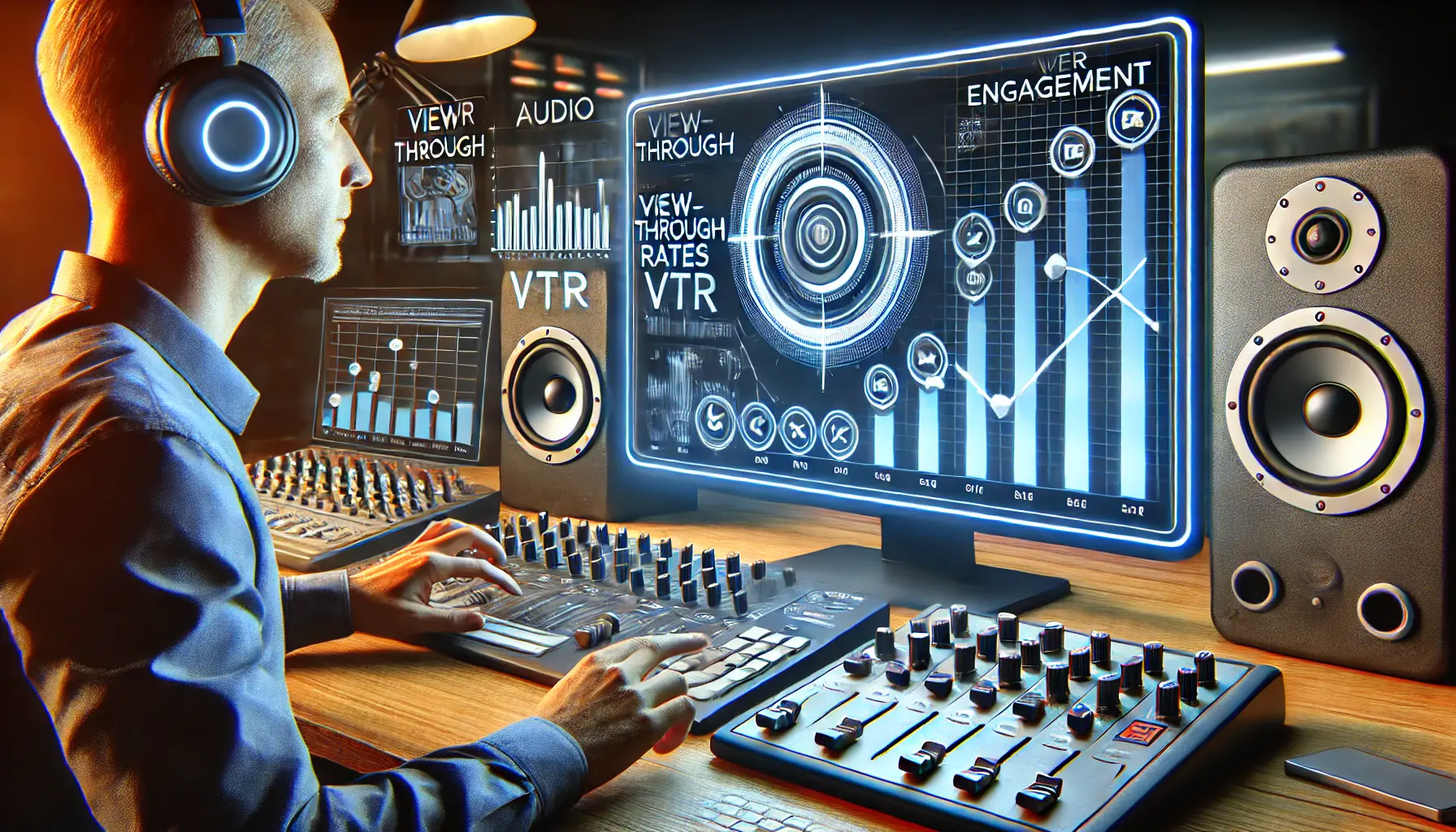 Image of a sound technician analyzing graphs and charts on a computer screen measuring audio-related viewer engagement metrics.